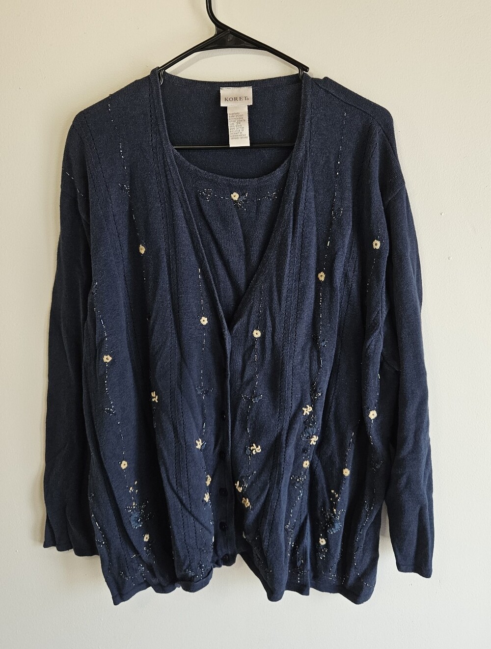 Koret Vintage 2 Piece Twin Set Cardigan Shell Knit Sweater Beaded Floral Blue